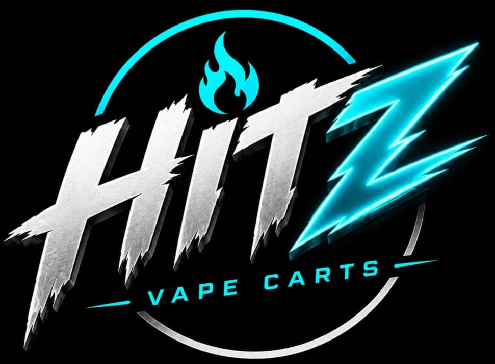 Hitz Vape Carts official logo with metallic lettering, neon blue accents, and flame icon on dark background